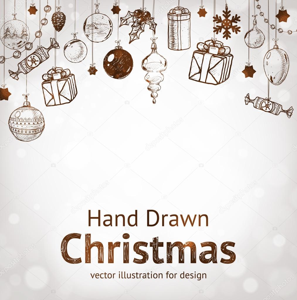 Christmas hand drawn fur tree for xmas design. With balls, toys and fir-cone.