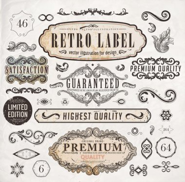 vektör kaligrafi tasarım öğeleri, çiçekler ve retro kare oyma seti, üstün kaliteli ve memnuniyeti vintage design etiketleri eski stil, vektör toplama garanti.