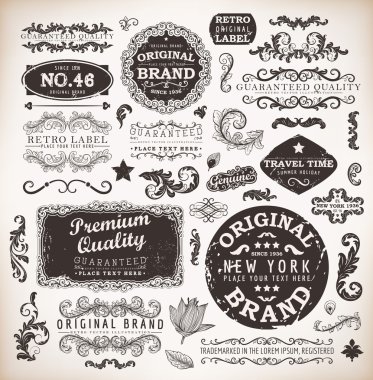 vektör kaligrafi tasarım öğeleri, çiçekler ve retro kare oyma seti, üstün kaliteli ve memnuniyeti vintage design etiketleri eski stil, vektör toplama garanti.