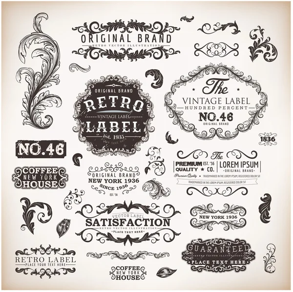 Vector set calligraphic design elements, engraving flowers and retro frames, Premium Quality and Satisfaction Guarantee vintage design Labels Old style, vector collection. — Stock Vector