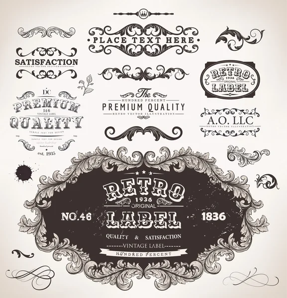 Vector set calligraphic design elements, engraving flowers and retro frames, Premium Quality and Satisfaction Guarantee vintage design Labels Old style, vector collection. — Stock Vector