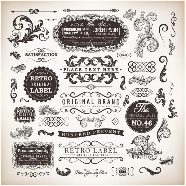 Conjunto de vectores elementos de diseño caligráfico, flores de grabado y marcos retro, Calidad Premium y Garantía de Satisfacción diseño vintage Etiquetas Estilo antiguo, colección de vectores . — Vector de stock