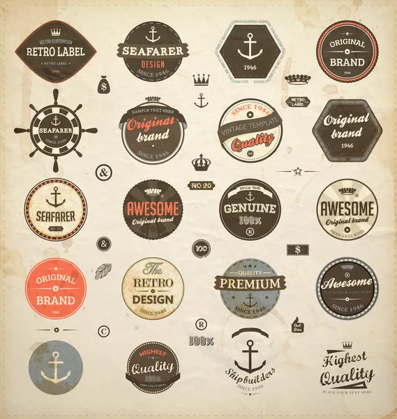 Vector set: calligraphic design elements and page decoration, Premium Quality and Seafarer with Shipbuilder Label collection with black grungy design Old paper texture — Stock Vector