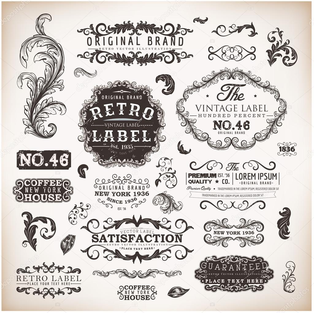 Vector set calligraphic design elements, engraving flowers and retro frames, Premium Quality and Satisfaction Guarantee vintage design Labels Old style, vector collection.