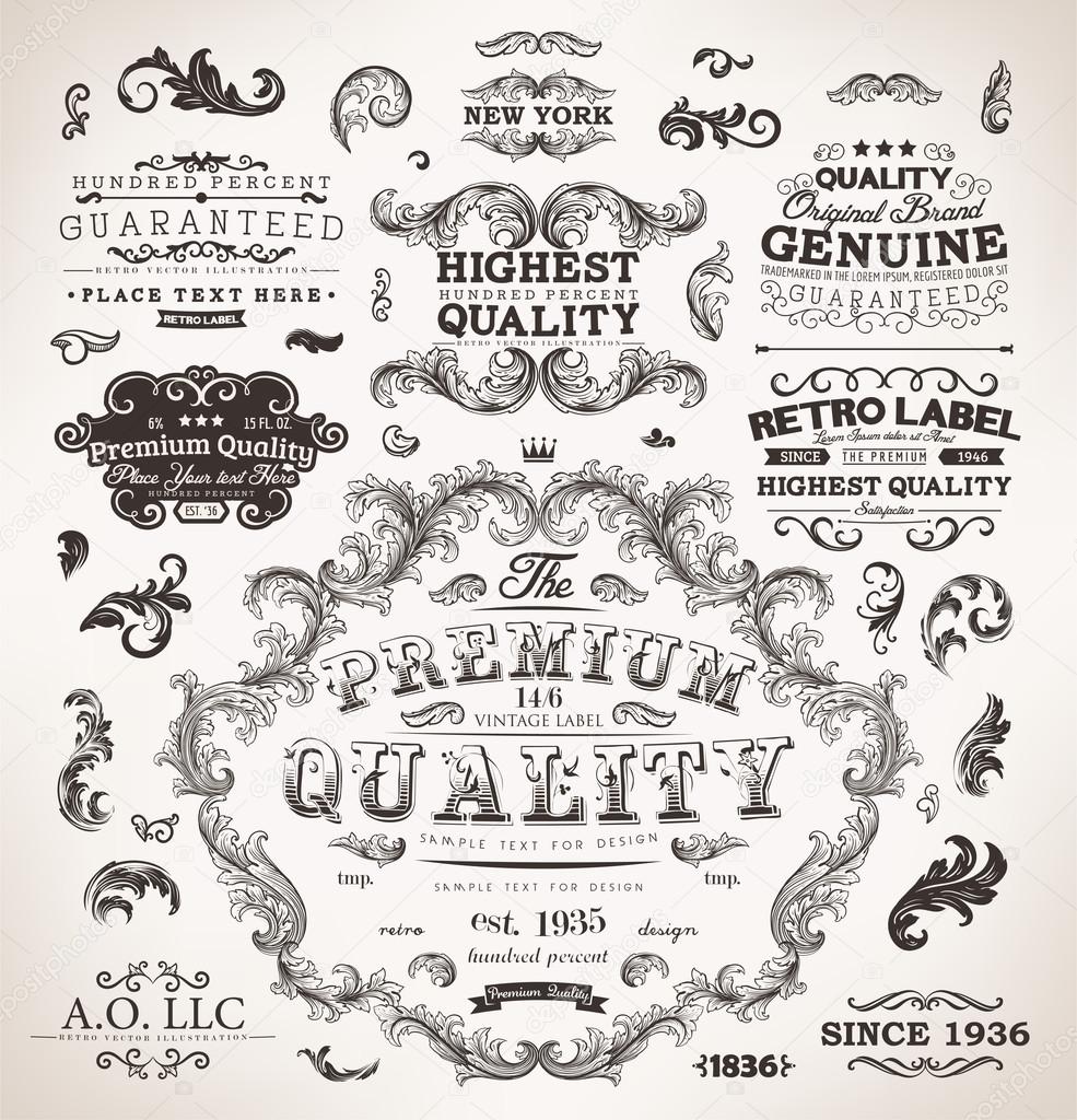 Vector set calligraphic design elements, engraving flowers and retro frames, Premium Quality and Satisfaction Guarantee vintage design Labels Old style, vector collection.