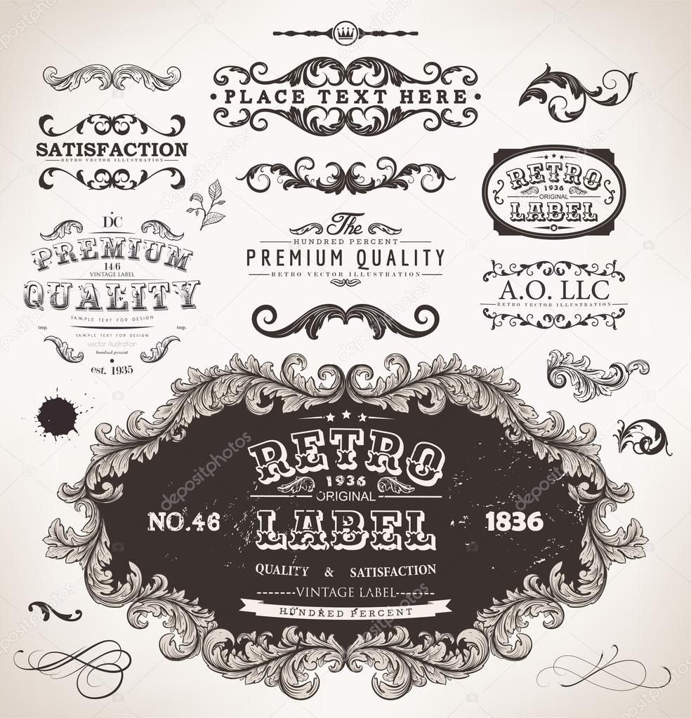 Vector set calligraphic design elements, engraving flowers and retro frames, Premium Quality and Satisfaction Guarantee vintage design Labels Old style, vector collection.