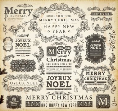 Noel dekorasyon koleksiyonu kümesi kaligrafi ve tipografik öğelerin, çerçevelerini, vintage etiketleri, kurdeleler, sınırları, holly Karpuzu köknar ağacı dalları ve toplar. tüm tatil davetiye tasarımı için.