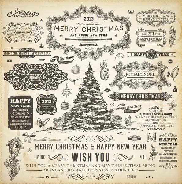 Noel dekorasyon koleksiyonu kümesi kaligrafi ve tipografik öğelerin, çerçevelerini, vintage etiketleri, kurdeleler, sınırları, holly Karpuzu köknar ağacı dalları ve toplar. tüm tatil davetiye tasarımı için. — Stok Vektör