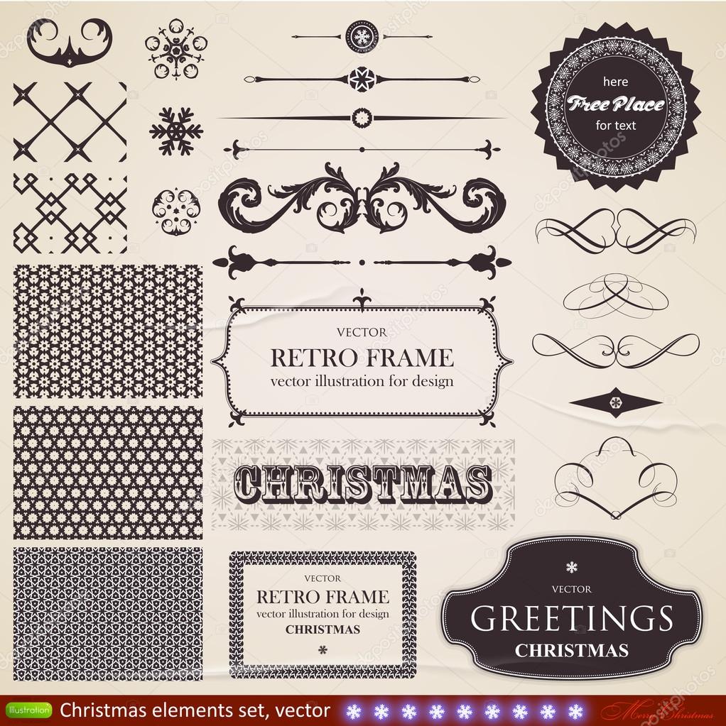 Christmas decoration collection Set of calligraphic and typographic elements, frames, vintage labels, ribbons, borders, holly berries, fir-tree branches and balls. All for holiday invitation design.