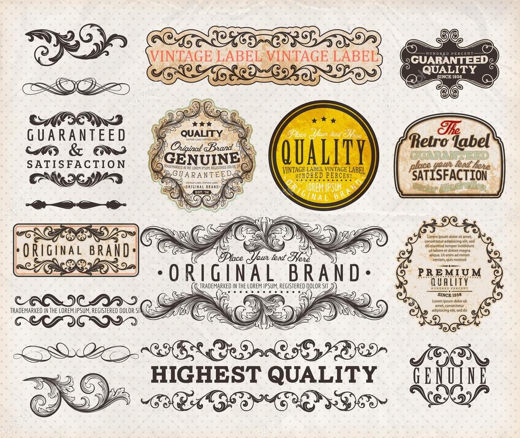 Vector set calligraphic design elements, engraving flowers and retro frames, Premium Quality and Satisfaction Guarantee vintage design Labels Old style, vector collection.