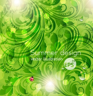 soyut aydınlık yaz veya yaz vector floral arka plan çiçekler, uğur böceği ve güneş Parlatıcı