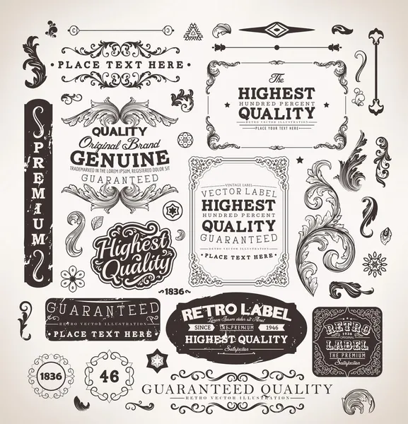 Ensemble vectoriel : éléments de design calligraphique et décoration de page, Qualité Premium, Marins et Satisfaction Garantie Collection Label avec motif grungy noir et fleurs — Image vectorielle