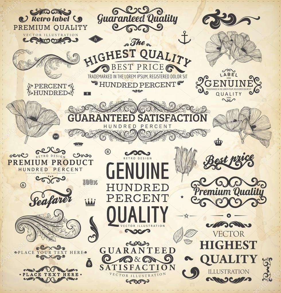 Vector set: calligraphic design elements and page decoration, Premium Quality, Seafarers and Satisfaction Guarantee Label collection with black grungy design and flowers