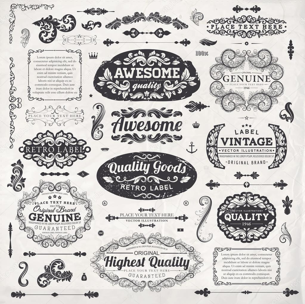 Vector set: calligraphic design elements and page decoration, Premium Quality, Seafarers and Satisfaction Guarantee Label collection with black grungy design and flowers