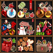 Dřevěné police s vánoční zboží: ozdoby, dárky, ptáci, sněhulák, Santa Claus, jmelí, cesmína bobule, spořádáme, perník stromy, srdce a mans, štítky a pásky - sada pro vánoční design