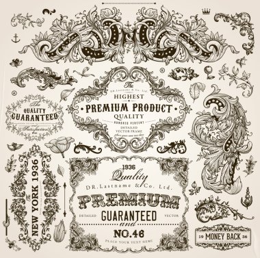 Vector set of calligraphic design elements: page decoration, Premium Quality and Satisfaction Guarantee Label, antique and baroque frames and floral ornaments