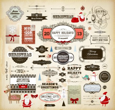 Noel dekorasyon koleksiyonu kümesi kaligrafi ve tipografik öğelerin, çerçevelerini, vintage etiketleri. geyik, kuş, hediyeler, ağaç, yay, kartları ve baubles şeritler, çıkartmalar, Noel Baba ve kardan adam, çizgi film