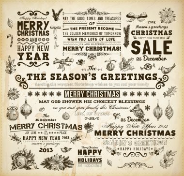 Noel dekorasyon koleksiyonu kümesi kaligrafi ve tipografik öğelerin, çerçevelerini, vintage etiketleri. şeritler, holly Karpuzu - xmas tasarımı için tüm bir kürk-ağaç dalları üzerinde baubles yay, kuşlar.