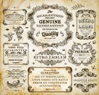 Vector set of calligraphic design elements: page decoration, Premium Quality and Satisfaction Guarantee Label, antique and baroque frames Old paper texture with dirty footprints of a cup of coffee. clipart
