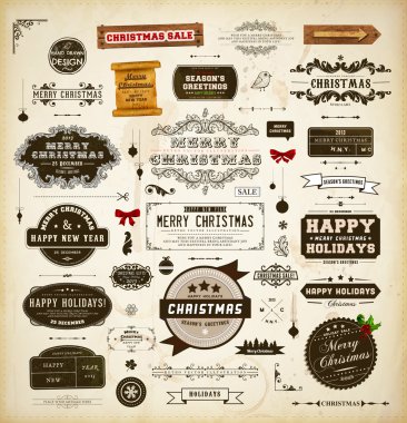 Noel dekorasyon koleksiyonu. Kaligrafi ve tipografik öğelerin, çerçevelerini, vintage etiketleri kümesi. şeritler, çıkartmalar, ökseotu, elle çizilmiş kuş, tahta işaret, kaydırma ve şerit yay - Noel için tüm