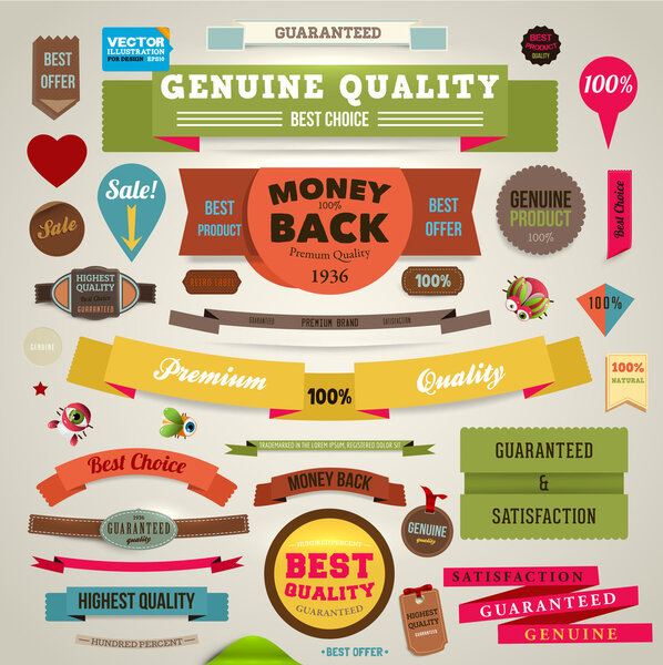 Set of vector retro ribbons, old dirty paper textures and vintage labels, banners and emblems. Elements collection for design.
