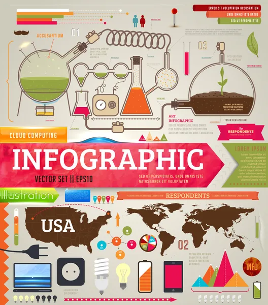 Tasarım kimyasal ve tıbbi öğeler için Infographics of ayarlamak, telefonları, lambalar ve dünya ve ABD haritalar