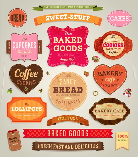 Set of retro bakery labels, ribbons and cards for vintage design, old paper textures — Stock Vector