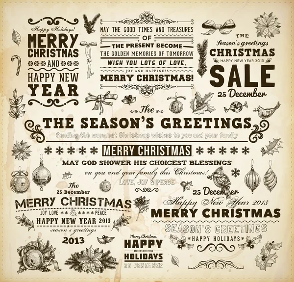 書道とタイポグラフィの要素、フレーム、ヴィンテージ ラベルのクリスマス装飾コレクション セット。リボン、弓、鳥、ヒイラギの果実 - クリスマス デザインのすべてを毛皮木の枝につまらないもの. — ストックベクタ