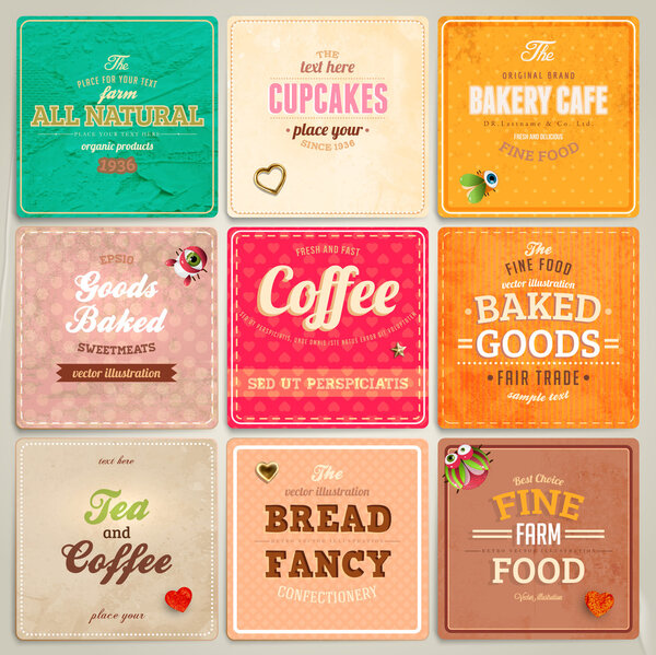 Set of retro bakery labels, ribbons and cards for vintage design, old paper textures