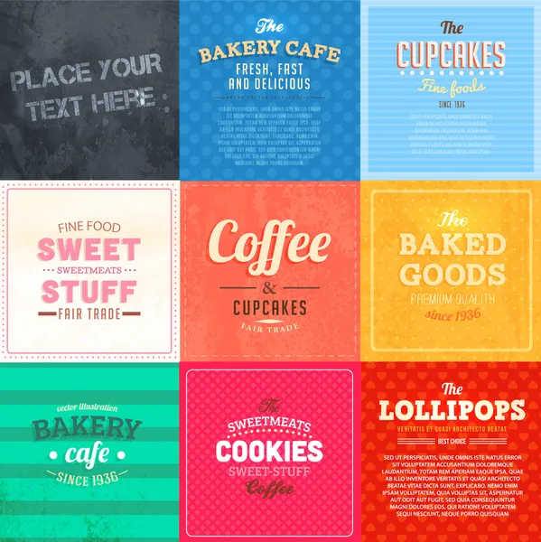 Set of retro bakery labels, ribbons and cards for vintage design, old paper textures — Stock Vector