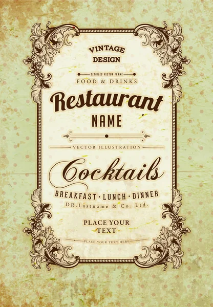 Restaurant label design with old floral frame for vintage menu design — Stock Vector