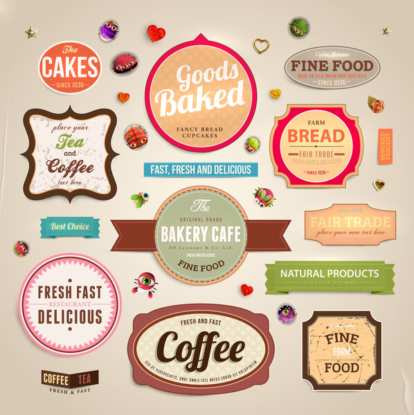 Набор ретро-булочных и кофейных этикеток, лент и открыток для винтажного дизайна, бумажных текстур

