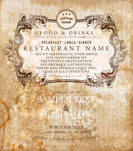 Design de etiquetas de restaurante com moldura floral antiga para design de menu vintage —  Vetores de Stock