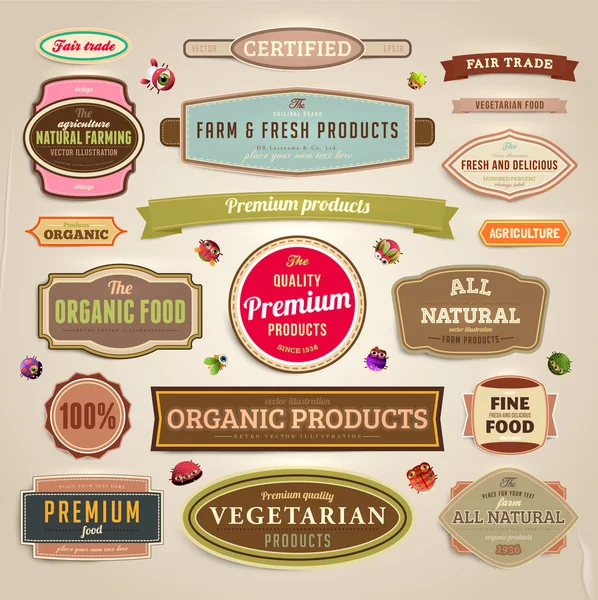 Set of vector labels, banners and ribbons for organic, fresh and farm products design, paper texture — Stock Vector