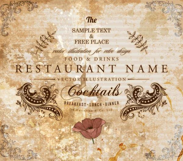 Design de etiquetas de restaurante com moldura floral antiga para design de menu vintage —  Vetores de Stock