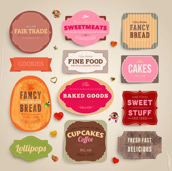 Set of retro bakery and coffee labels, ribbons and cards for vintage design, old paper textures — Stock Vector