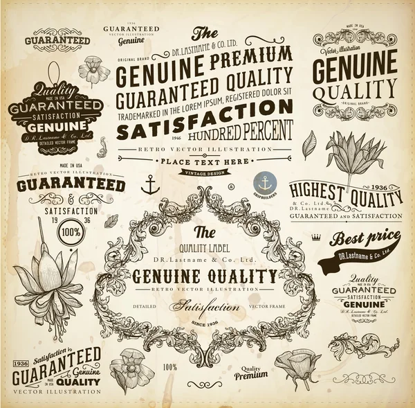 Vektor-Set kalligrafischer Gestaltungselemente: Seitendekoration, Qualitäts- und Zufriedenheitsgarantie-Etikett, antike und barocke Rahmen und florale Ornamente — Stockvektor