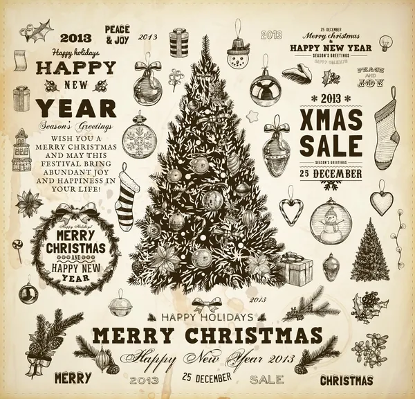 Kaligrafi ve tipografik öğelerin, çerçeveler, vintage etiket, kurdela, ökseotu, holly Karpuzu, köknar ağacı dalları, topları, Noel çorap ve kardan adam Noel dekorasyon koleksiyonu kümesi.