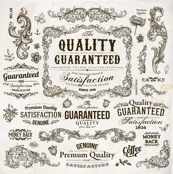 Vektor uppsättning kalligrafiska designelement: dekoration, premiumkvalitet och tillfredsställelse garanti etikett, antika och barock ramar och blommig ornament — Stock vektor