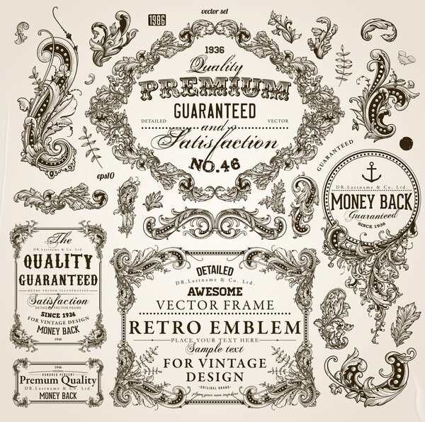 Векторный набор элементов каллиграфического дизайна: оформление страницы, гарантия высокого качества и удовлетворенности, старинные и барочные рамки и цветочные украшения
