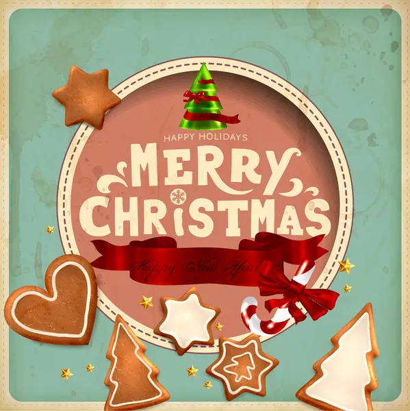 Biglietto di auguri vintage natalizio. Buon Natale lettering, biscotti di pan di zenzero, albero di Natale, nastro rosso e canna da zucchero, illustrazione vettoriale. Vecchio tessuto di carta per il design retrò — Vettoriale Stock