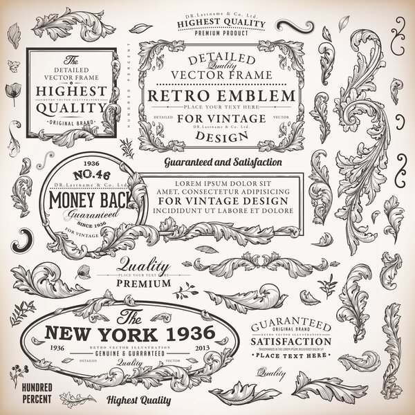 Векторный набор элементов каллиграфического дизайна: оформление страницы, гарантия высокого качества и удовлетворенности, старинные и барочные рамки и цветочные украшения
