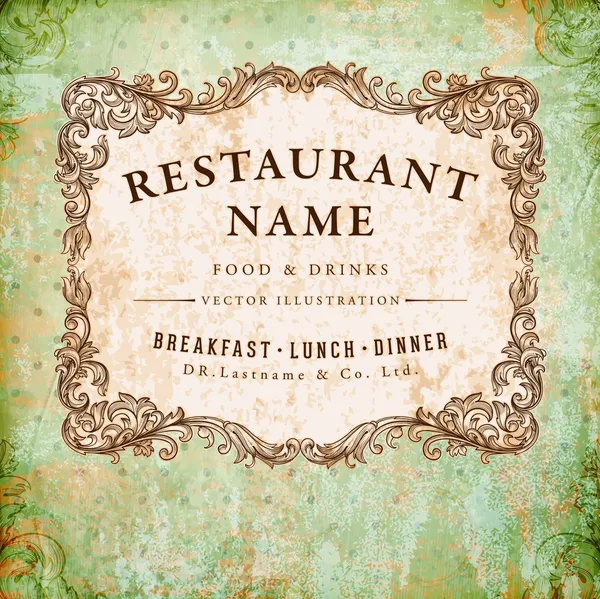 Restaurant label design with old floral frame for vintage menu design — 스톡 벡터