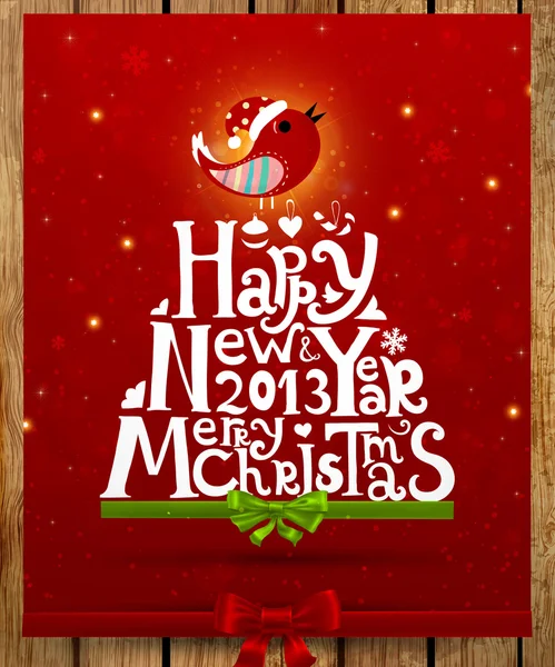 Happy New Year 2013 and Merry Christmas lettering for vintage Xmas design, bird, snowflake and green ribbon bow, retro grunge background, eps10 vector illustration — Stock Vector