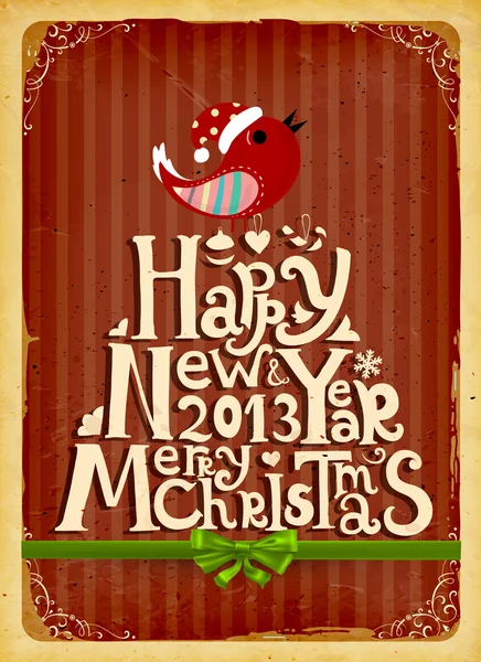 Happy New Year 2013 and Merry Christmas lettering for vintage Xmas design, bird, snowflake and green ribbon bow, retro grunge background, eps10 vector illustration — Stockvector