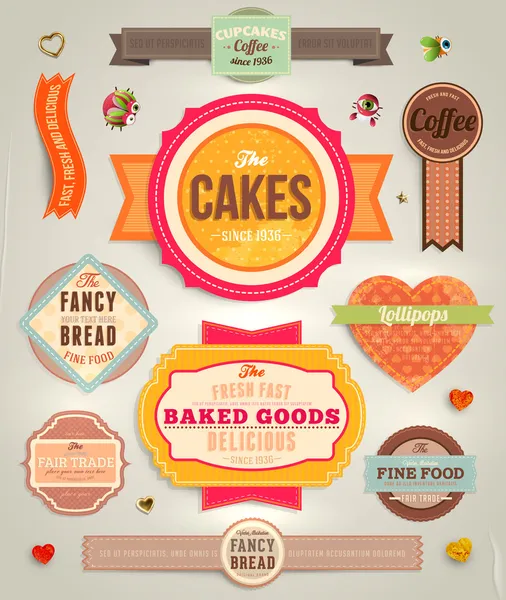 Set de etiquetas de panadería y café retro, cintas y tarjetas para diseño vintage, texturas de papel antiguas — Vector de stock