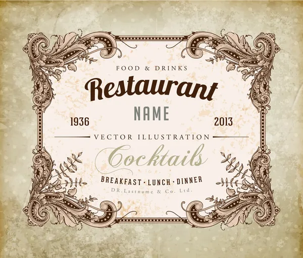 Diseño de etiqueta de restaurante con marco floral antiguo para el diseño de menú vintage — Vector de stock