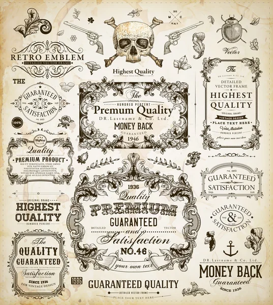 Ensemble vectoriel d'éléments de design calligraphique : décoration de page, Garantie Qualité Premium et Satisfaction Etiquette, cadres anciens et baroques — Image vectorielle