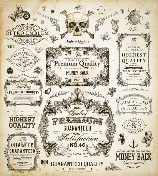 Векторный набор элементов каллиграфического дизайна: оформление страниц, этикетка "Премиум качество и удовлетворение", антикварные и барочные рамки
