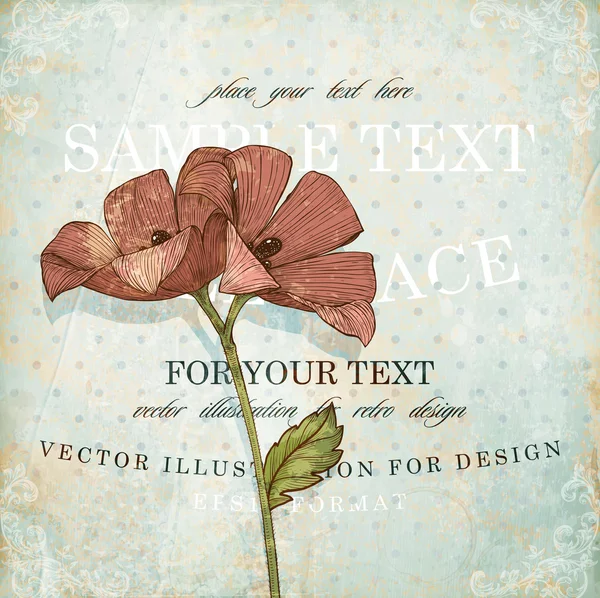 Fleurs de gravure rouge pour un design rétro, texture vieux papier avec ornements d'angle, illustration vectorielle — Image vectorielle